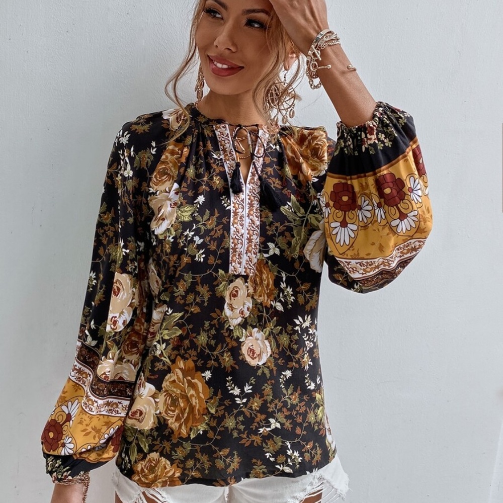 floral boho neck tie tassel balloon sleeve top - Picture 2 of 7